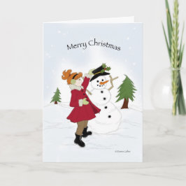 Snowman en Little Girl-kerstkaart Feestdagen Kaart