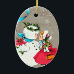 Snowman en Little Girl Ornament<br><div class="desc">Afbeelding van een sneeuwman en een klein meisje op kerstversiering.  De achterkant is leeg voor je persoonlijke tekst.</div>