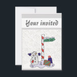 Snowman en Noordpool - Kaart<br><div class="desc">De sneeuwman is gekleed met blauwe handschoenen en knoppen. De sneeuwman staat naast een witte en rode pool met een groen teken dat "Noordpool" zegt. De geschenken liggen naast de stok. Witte sneeuw ligt op de grond. Deze uitnodigingen zijn een geweldige manier om iemand uit te nodigen voor een feestje....</div>