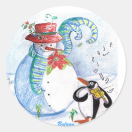 SNOWMAN EN PENGUIN WINTERSERENADE RONDE STICKER