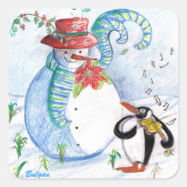 SNOWMAN EN PENGUIN WINTERSERENADE VIERKANTE STICKER