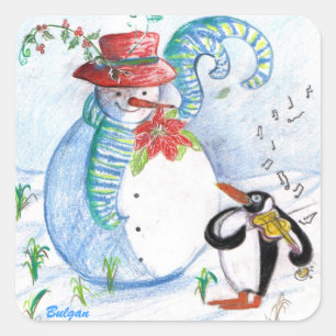 SNOWMAN EN PENGUIN WINTERSERENADE VIERKANTE STICKER