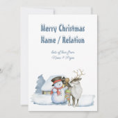 Snowman en Reindeer Snowy Text Persoonlijk Feestdagenkaart (Voorkant)