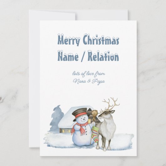 Snowman en Reindeer Snowy Text Persoonlijk Feestdagenkaart (Voorkant)