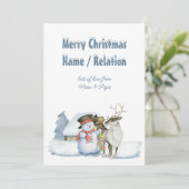 Snowman en Reindeer Snowy Text Persoonlijk Feestdagenkaart (Staand voorkant)