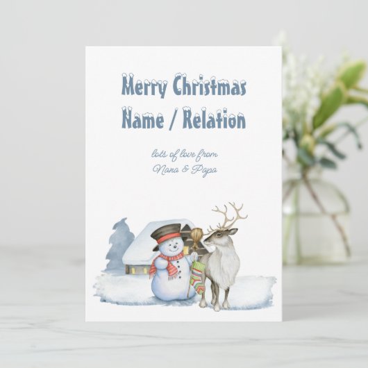 Snowman en Reindeer Snowy Text Persoonlijk Feestdagenkaart (Staand voorkant)