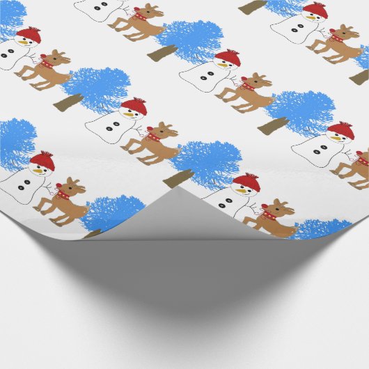 Snowman en rendier in het bos cadeaupapier (Hoek)