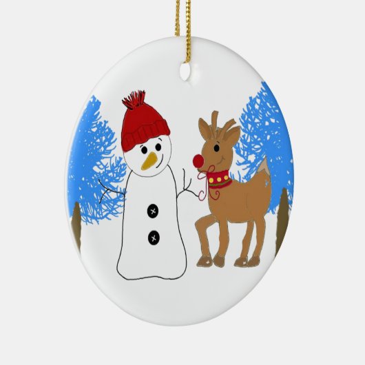 Snowman en rendier in het bos keramisch ornament (Rechts)