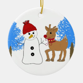 Snowman en rendier in het bos keramisch ornament