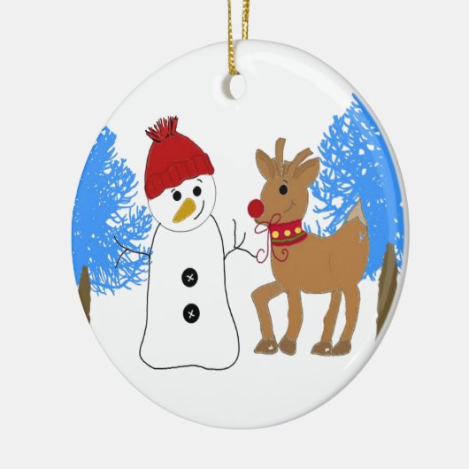 Snowman en rendier in het bos keramisch ornament (Links)