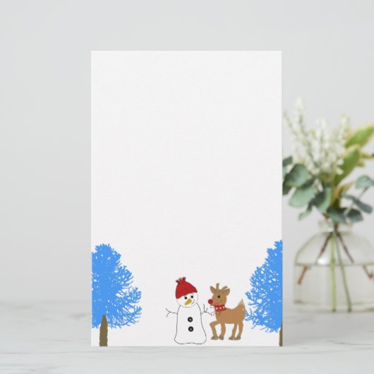 Snowman en rendier met Frosty Trees Briefpapier (Staand voorkant)