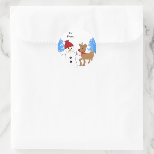 Snowman en rendier ronde sticker (Tas)