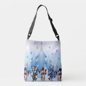 Snowman en rendieren die dansen onder bomen crossbody tas (Achterkant)