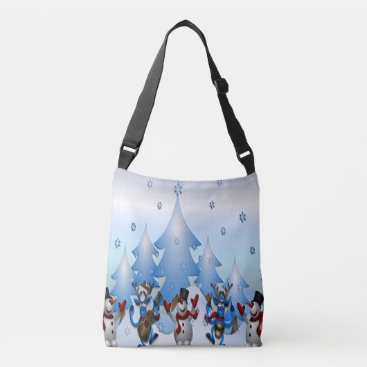 Snowman en rendieren die dansen onder bomen crossbody tas (Voorkant)