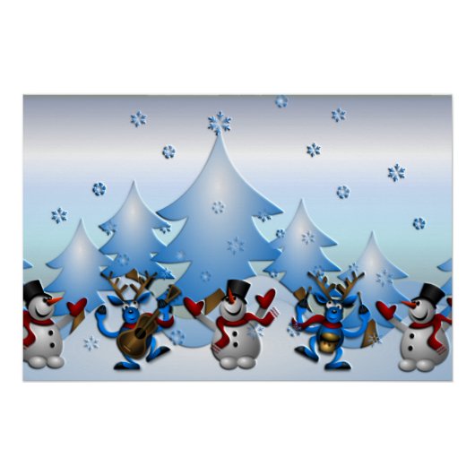 Snowman en rendieren die dansen onder bomen poster (Voorkant)