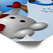 Snowman en rendieren die dansen onder bomen poster (Hoek)