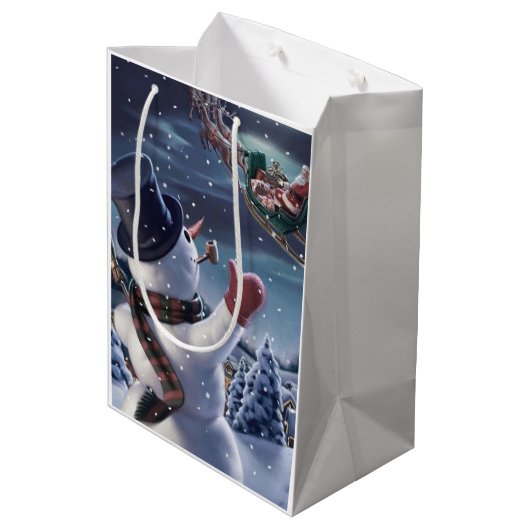 Snowman en Santa Claus Medium Cadeauzakje (Achterkant Gekanteld)