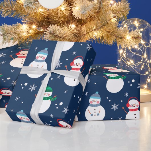 Snowman en Snowflakes Blue Pattern Cadeaupapier (Feestdagen)