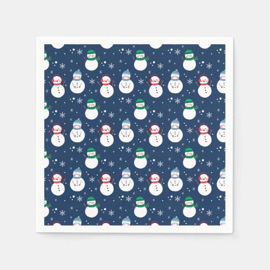 Snowman en Snowflakes Blue Pattern Cocktail Servet (Voorkant)
