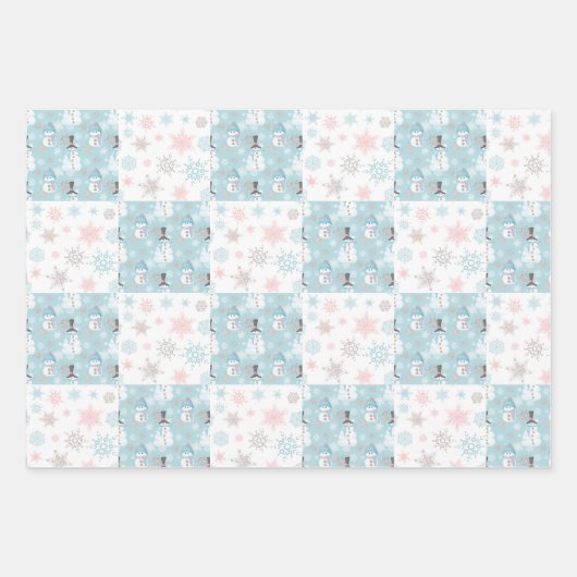 Snowman en Snowflakes Kute Kerstmis Inpakpapier Vel (Voorkant)