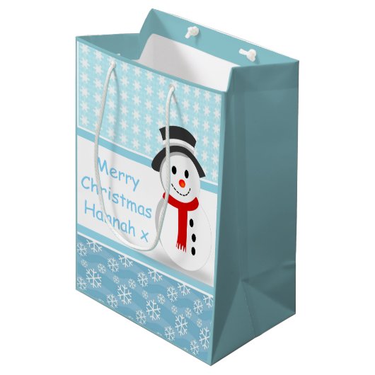 Snowman en Snowflakes Medium Cadeauzakje (Voorkant Gekanteld)