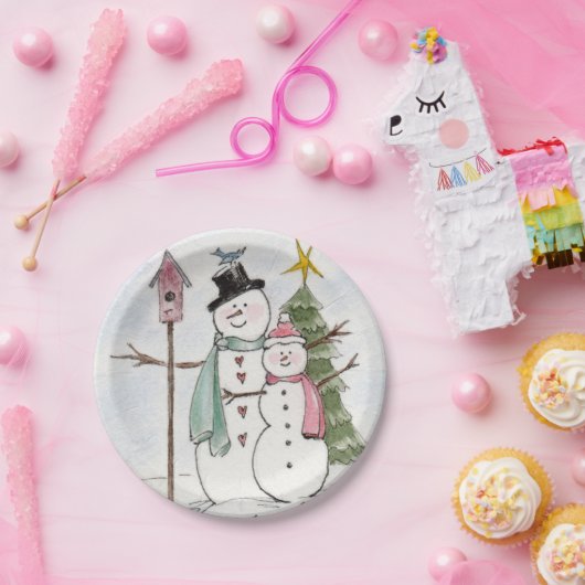 SnowMan en SnowLady Samen in de Magie Papieren Bordje (Feest)