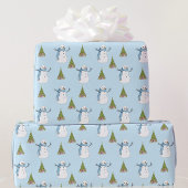 Snowman en Tree Light Blue Kerstmis Cadeaupapier