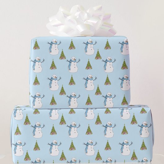 Snowman en Tree Light Blue Kerstmis Cadeaupapier