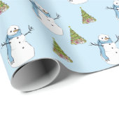 Snowman en Tree Light Blue Kerstmis Cadeaupapier (Rol Hoek)