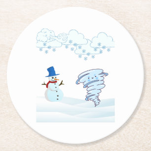 Snowman en wind in de winter ronde kartonnen onderzetter