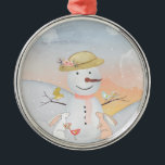 Snowman en Winter Woodland Friends Metalen Ornament<br><div class="desc">Dit prachtige levendige collectie van kindertekenende prints, kenmerkt een verscheidenheid aan schattige waterverf dieren in een wintersneeuwscène en een schattige sneeuwman omgeven door hoge sneeuw met sneeuwbedekte bomen die luisteren naar de lichte sneeuw van de gloeiende zon, terwijl de sneeuw valt. Deze leuke sneeuwmanafbeelding maakt een prachtig design voor de...</div>