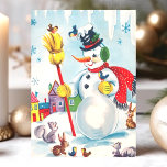 Snowman en Woodland Animals Cute Retro Feestdagenkaart<br><div class="desc">Snowman en Woodland Animals kletsen het Briefkaart van de Retro Holiday. Dit ontwerp bevat een  scène met Snowman en bosbouwers. Wat een mooie retro vakantie scène.</div>