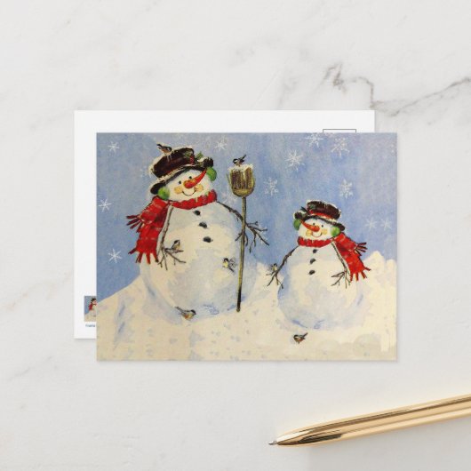 Snowman en Zoon Card Briefkaart (Voorkant / Achterkant in situ)