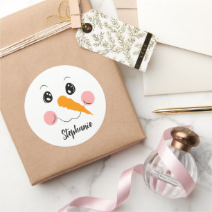 Snowman Face Cute Festive Persoonlijke naam Ronde Sticker
