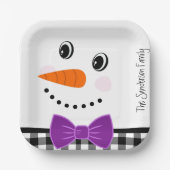 Snowman Face Paarse Bowtie Black Buffalo Play Papieren Bordje (Voorkant)