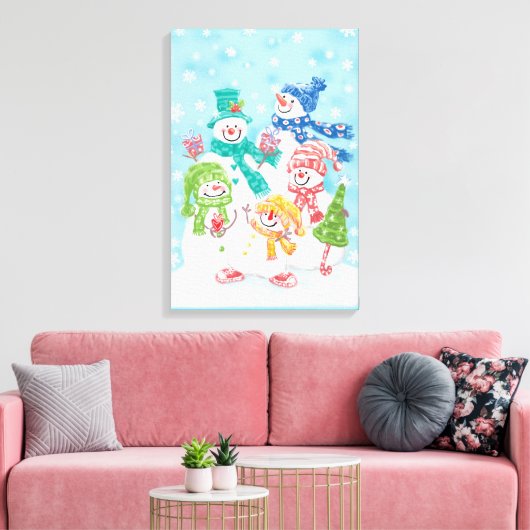 Snowman-familie in de sneeuw canvas afdruk (Insitu (Woonkamer))