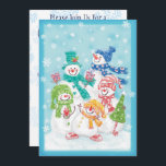 Snowman-familie in de sneeuw kaart<br><div class="desc">illustratie Merry kerstvakantie design met een schattige cartoon gelukkige sneeuwman familie met moeder,  vader en sneeuwkinderen. Iedereen glimlacht en draagt een sjaal en houdt kerstcadeautjes en een kerstboom vast. Het sneeuwt met grote sneeuwvlokken die vallen. Hun sjaal en pet zijn allemaal verschillende kleuren,  rood,  geel,  groen en blauw.</div>
