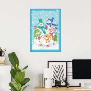 Snowman-familie in de sneeuw poster
