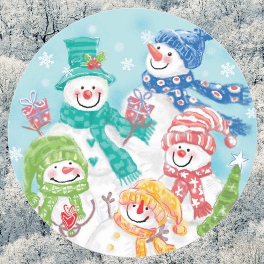 Snowman-familie in de sneeuw ronde sticker