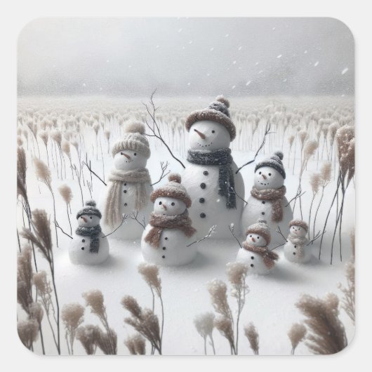 Snowman familie op het platteland vierkante sticker (Voorkant)