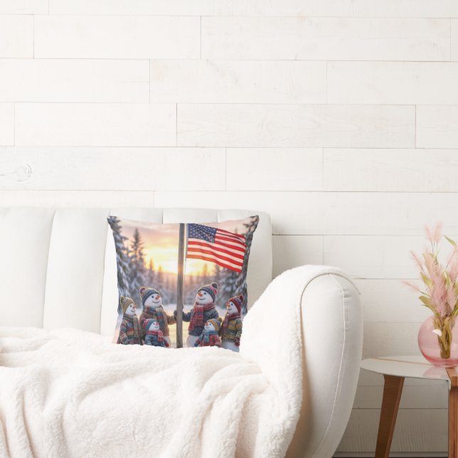 Snowman Family Gathering Around a Flagpole Kussen (Bank)