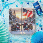 Snowman Family Gathering Around a Flagpole Papieren Bordje (Feest)