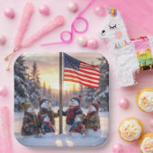 Snowman Family Gathering Around a Flagpole Papieren Bordje (Feest)