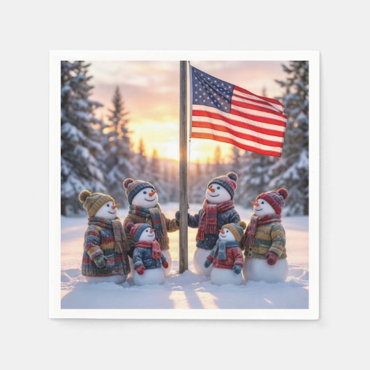 Snowman Family Gathering Around a Flagpole Servet (Voorkant)