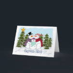Snowman Family Greeting Card Joyeux Noël Feestdagen Kaart<br><div class="desc">Snowman Family Merry Christmas Greeting Card, the Snowmen Family in their colorful hats and scarves, set in a snowy scene with Christmas trees and snowflakes. Cart Insert Reads: Laat deze kerstmagie onze harten van vrede, liefde en broederschap brengen Beste Lieve Vrouwe De Bonheur Voor Een zeer prettig Kerstfeest en een...</div>