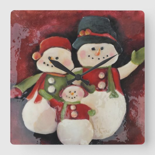 Snowman Family Kerstklok Vierkante Klok (Voorkant)