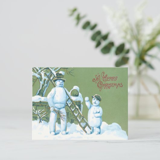 Snowman Father en Son Snow Ladder Snowball Briefkaart (Staand voorkant)