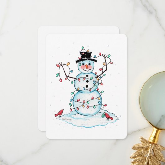 Snowman Flat Card, Fun Festive Snowman met licht Bedankkaart (Voorkant / Achterkant in situ)