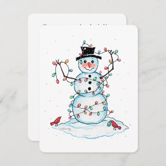 Snowman Flat Card, Fun Festive Snowman met licht Bedankkaart (Voorkant / Achterkant)