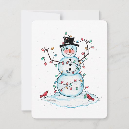 Snowman Flat Card, Fun Festive Snowman met licht Bedankkaart (Voorkant)